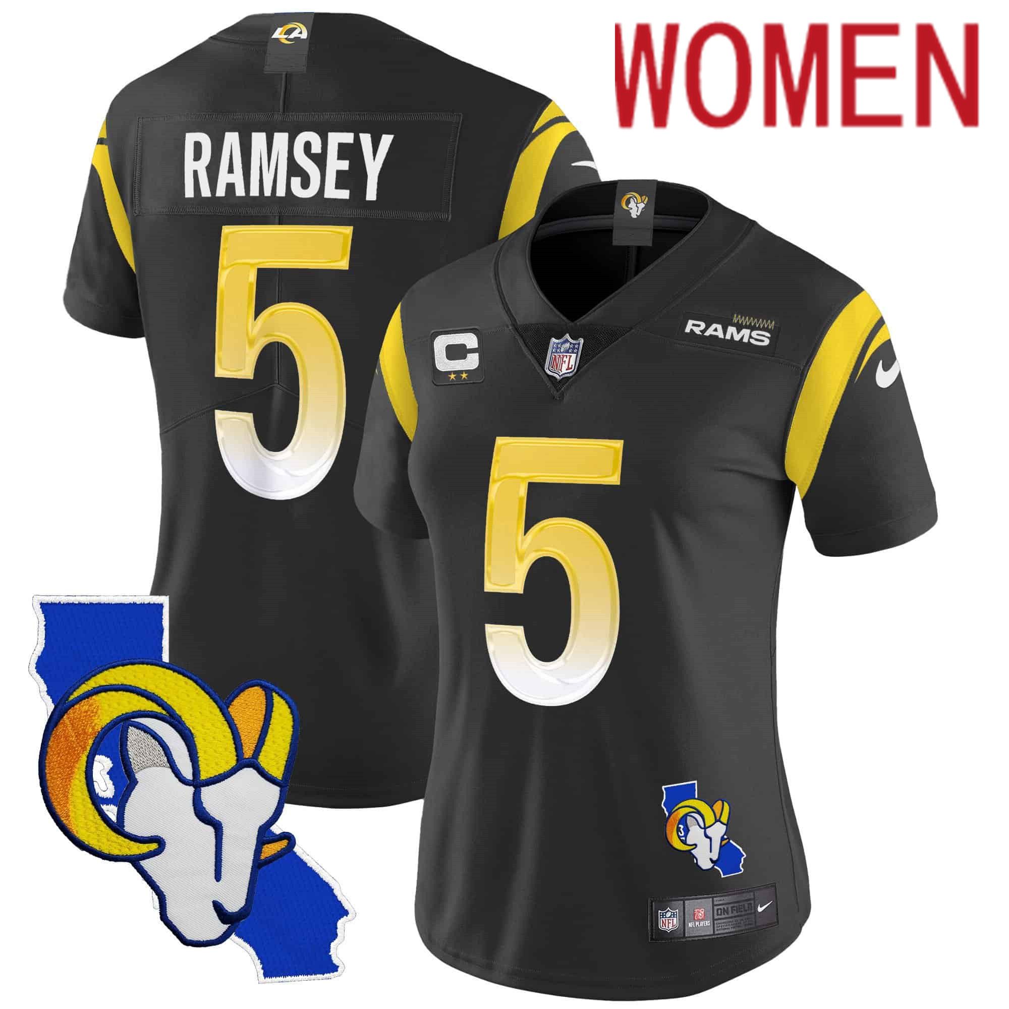 Women Los Angeles Rams #5 Ramsey Black 2024 Nike California Patch Vapor Limited NFL Jersey style 1